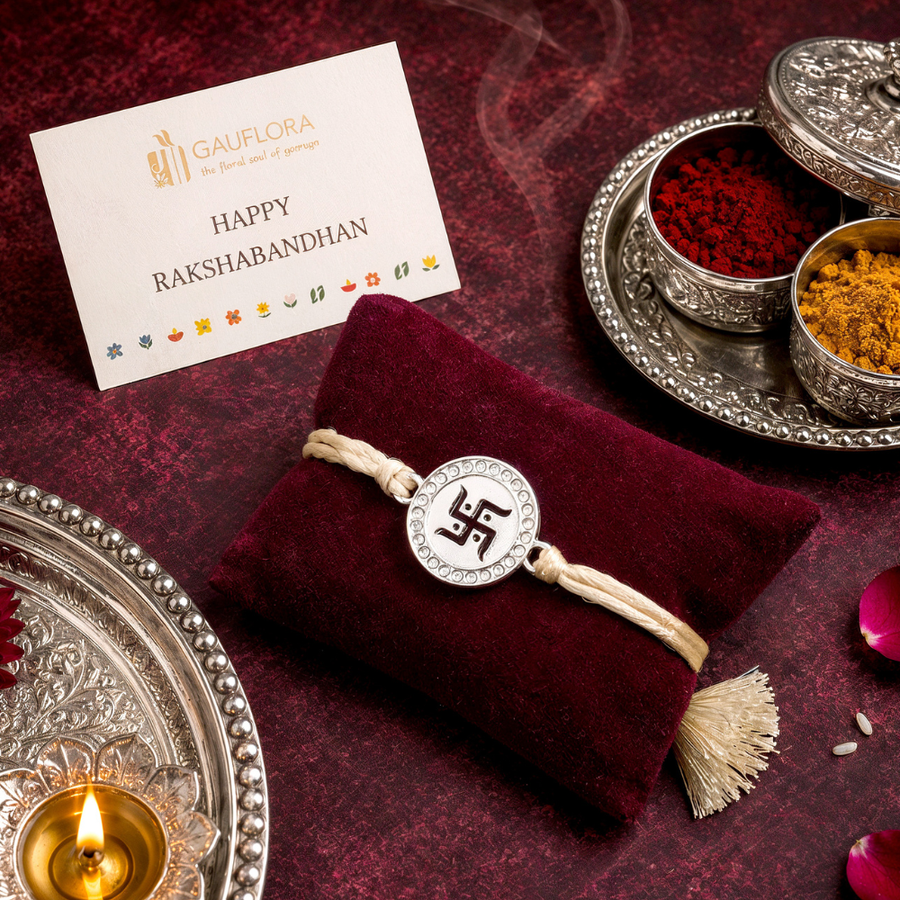 Swastika Rakhi embellished with Crystals by Swarovski